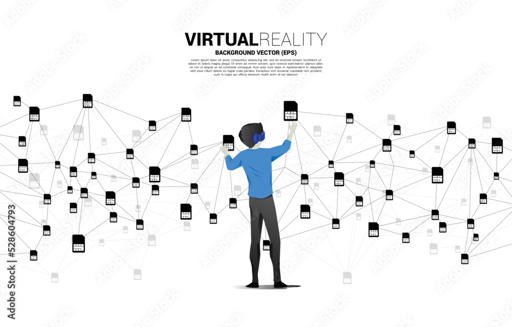 Poster silhouette man wear vr glasses and dot connect line and sim card icon. concept for mobile sim card t