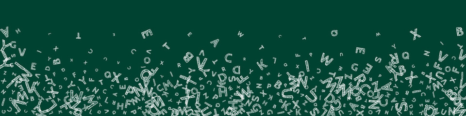 Falling letters of English language. Chalk handdrawn flying words of Latin alphabet. Foreign languages study concept. Enchanting back to school banner on blackboard background.