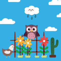 cute owl and chicken wallpaper wit plant and flower