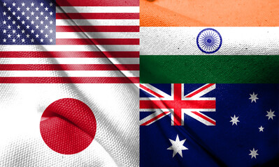 japan,australia,usa and india Quad plus countries flags. Quadrilateral Security Dialogue,