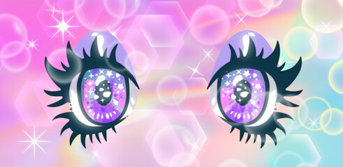 Big anime cartoon eyes with long eyelashes and sparkles.