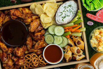 Close up of healthy Football game day tail gate party tray filled with snacks and finger foods for...