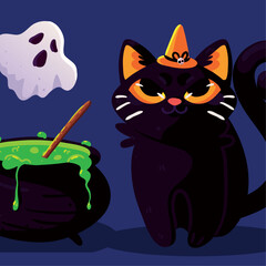 halloween cat ghost and cauldron