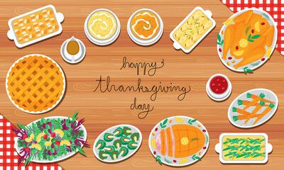 Illustration vector flat cartoon of food on happy Thanksgiving menu on dinner table as feast concept. Set of food on harvest festival on autumn. Roasted turkey and side dishes