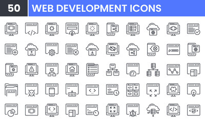 Web Development vector line icon set. Contains linear outline icons like Programming, Coding, Browser, SEO, Maintenance, Interface, Computer, Data Analyzing, Web Design. Editable use and stroke.
