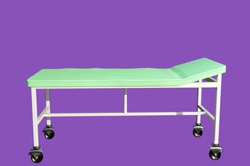 Couch for patient. Hospital equipment. Hospital bed on wheels. Couch for modern hospital. Empty bed isolated on purple. Patient transportation equipment. Place for examination sick. 3d rendering.