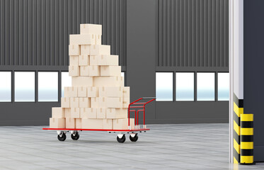 Cart with boxes. Cardboxes warehouse. Trolley for moving goods around warehouse. Red cargo trolley inside production building. Production room with boxes. Warehouse logistics concept. 3d rendering.