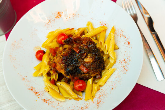 Chicken Supreme With Herbs And Pasta. French Cuisine