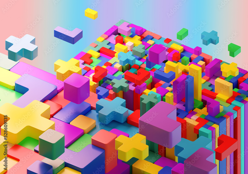 Poster multicolored constructor. constructor blocks fall down. elements logic puzzle. volumetric elements p