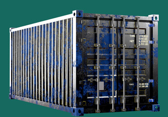 Old container. Sea cargo container isolated on green background. Steel tare for ship transportation. shipping container. Twenty foot rusty tare. Maritime import or export metaphor. 3d image.