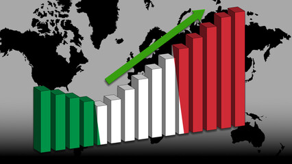 Italian economy goes up, the economic indicators are good. The state flag on a rising graph. In the background a world map