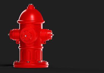 Fire hydrant. Red hydrant isolated on gray. Classic retro hydrant for fire fighting. Flame extinguishing equipment. Place for inscription. Water collecting crane for firefighters. 3d rendering.