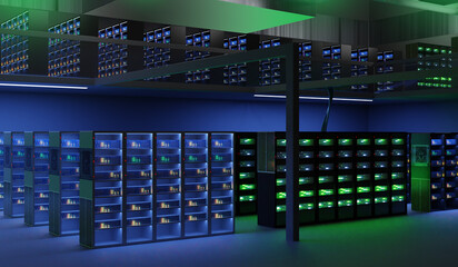 Obraz premium Data center. Interior hosting provider. Server room without people. Racks with northern equipment with neon glow. Data center equipment. Data center service. Telecommunication business. 3d image.