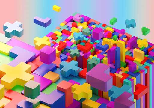 Multicolored constructor. Constructor blocks fall down. Elements logic puzzle. Volumetric elements puzzle. Logic video game concept. Geometric blocks of different colors. Childrens puzzle. 3d image