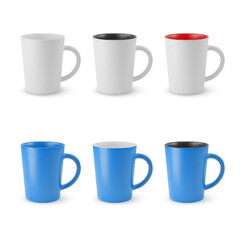 Illustration of Six Realistic Empty Ceramic Coffee Cup or Tea Mug on a White. Isolated Mockup with Shadow Effect, for Web Design, and Printing