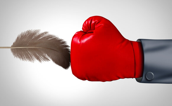 Soft Negotiation concept as a Big business fighter negotiating with a soft touch opponent with a feather as a negotiating symbol for hard and softer strategy to win