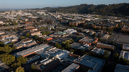 Sunset light shines on downtown San Rafael, California, USA.