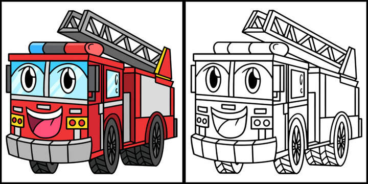 Firetruck with Face Vehicle Coloring Illustration