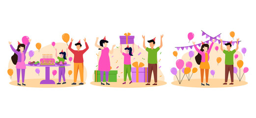 Birthday Party with Family Scene Flat Bundle Design