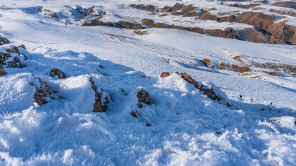 The ground, boulders and dry grass are covered with white fluffy hoarfrost. The texture of the untouched pure snow is visible. Red-brown mountain slopes in the distance. Altai Mars Kyzyl Chin