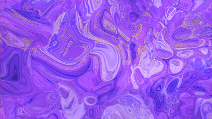 Flowing Abstract Marbling Background in Beautiful Violet and Purple colors. Paint texture with Gold Glitter.