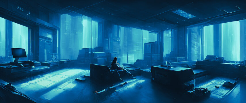 Artistic concept painting of a beautiful home cyberpunk interior, background illustration.