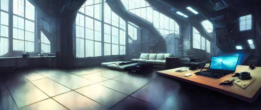 Artistic concept painting of a beautiful home cyberpunk interior, background illustration.