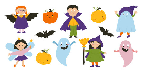 Kids in dracula, witch, bat and fairy costumes, halloween party characters set. Vector illustration.