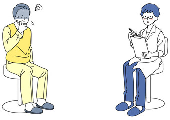 医師の説明に困惑するシニア男性