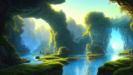 Fantasy landscape, beautiful abstract forest, with large arches of trees and stone and a river, old trees, colorful neon sunset, unreal world. 3D illustration