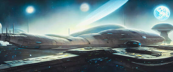 Fototapeta na wymiar Artistic concept painting of a beautiful sci-fi landscape, with a spaceship docked to spacestation. Tender and dreamy design, background illustration.