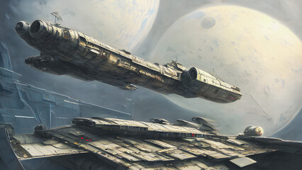 Artistic concept painting of a beautiful sci-fi landscape, with a spaceship docked to spacestation. Tender and dreamy design, background illustration. © 4K_Heaven