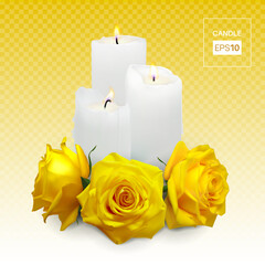 Realistic candles and yellow rosebuds on a transparent background. Vector illustration