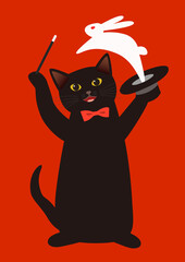 マジシャン　帽子からウサギを出すマジックを披露する黒猫