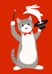 マジシャン　帽子からウサギを出すマジックを披露するグレー猫