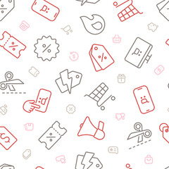 Seamless red and grey outline icons of black friday and cyber monday sale related things
