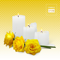 Realistic candles and yellow rosebuds on a transparent background. Vector illustration