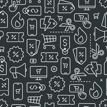 Black Friday And Cyber Monday Seamless Pattern Of Line Icons On Black Background