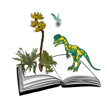 Isolated freehand illustration book, tropical plants, banana, dinosaur. Volumetric illustration in 2D style, palaeontology, training as a blank for a designer