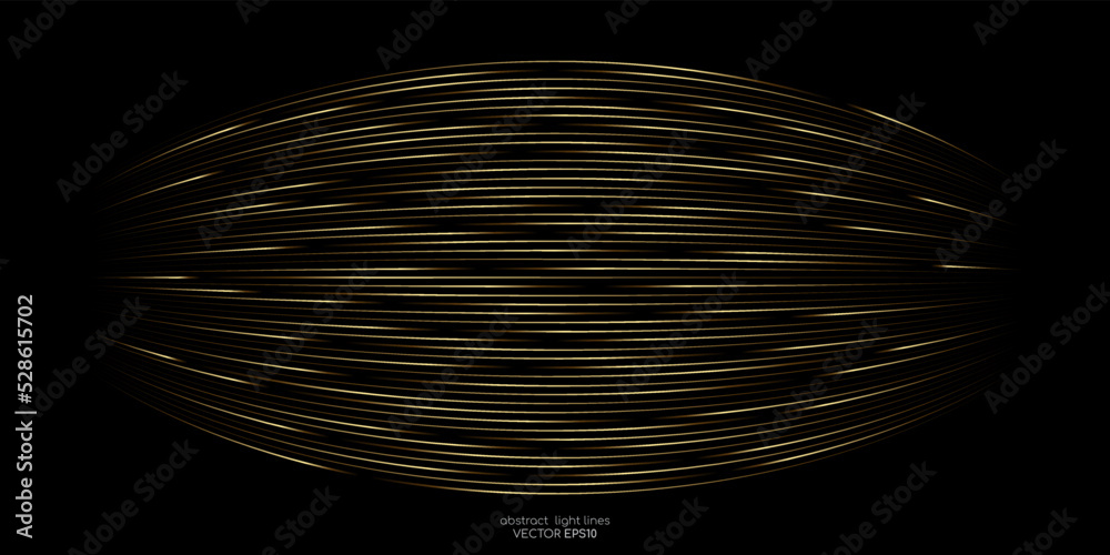 Aufkleber Abstract speed gold light curve lines movement dynamic pattern isolated on black background in concept speed, luxury, music, technology, 5G, digital.