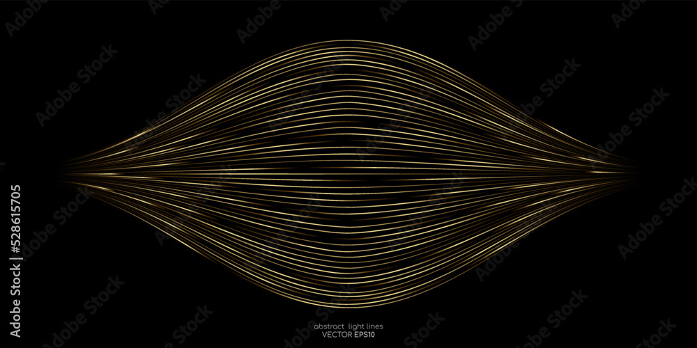 Poster Abstract speed gold light curve lines movement dynamic pattern isolated on black background in concept speed, luxury, music, technology, 5G, digital.