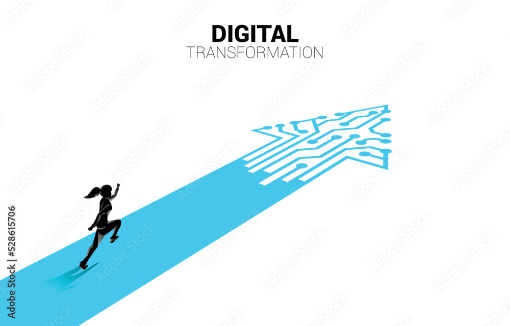 Poster silhouette of businesswoman running on the way with dot connect line circuit. concept of digital tra
