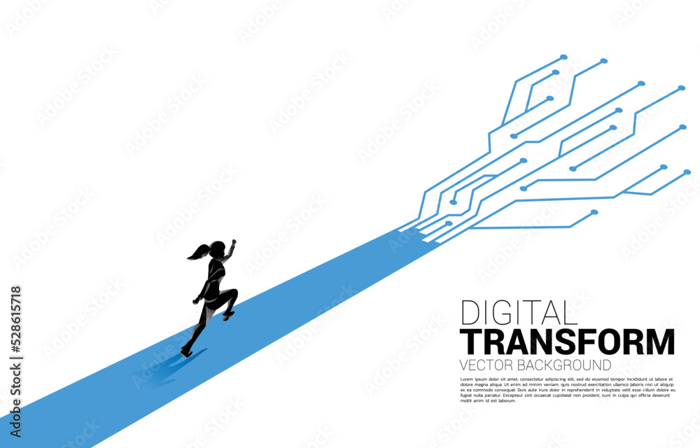 Poster silhouette of businesswoman running on the way with dot connect line circuit. concept of digital tra