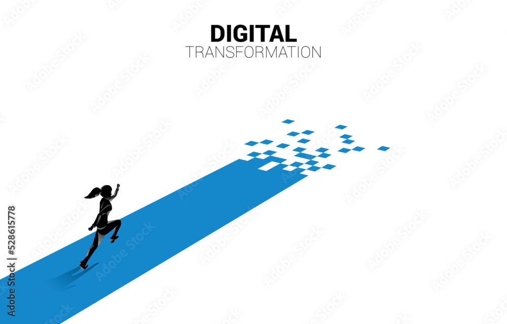 Poster silhouette of businesswoman running on the way with dot pixel. concept of digital transformation of 