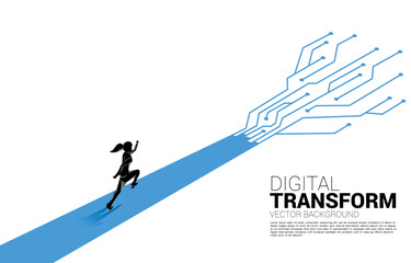 Silhouette of businesswoman running on the way with dot connect line circuit. concept of digital transformation of business.