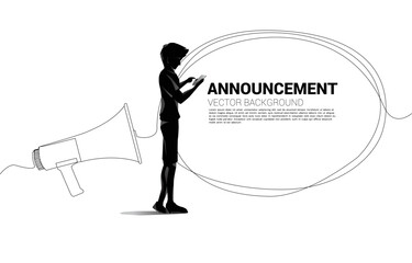 Silhouette businessman with mobile phone standing with Megaphone with talk bubble single line graphic style. Poster for announcement and communication template.