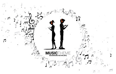 Vector silhouette man and woman with mobile phone and headphone with circle frame from music melody note dancing flow . Concept background for song and concert theme.