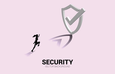businesswoman running to 3D Protection shield icon. concept of guard security and safety