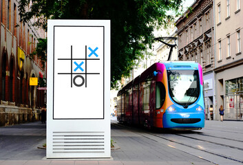 Tram stop with lightbox ad panel. poster and advertising billboard sign. mock-up background....