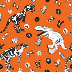 Seamless illustration of dinosaurs with bones on a coloured background. Rex pattern for printing on textiles, print, blank for designer